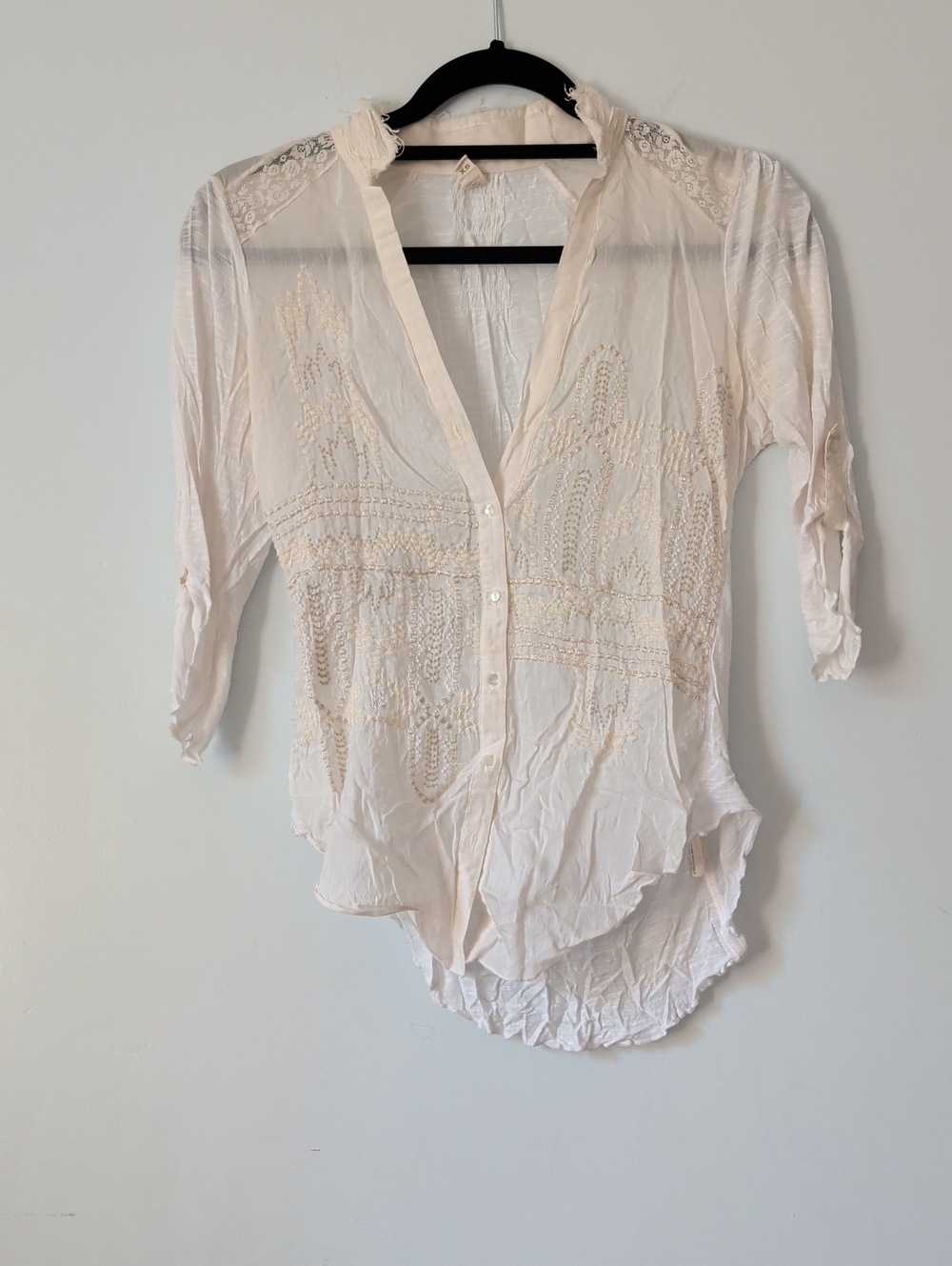 Women's Cream Embroidered Button-Front Shirt - Lightweight V-Neck